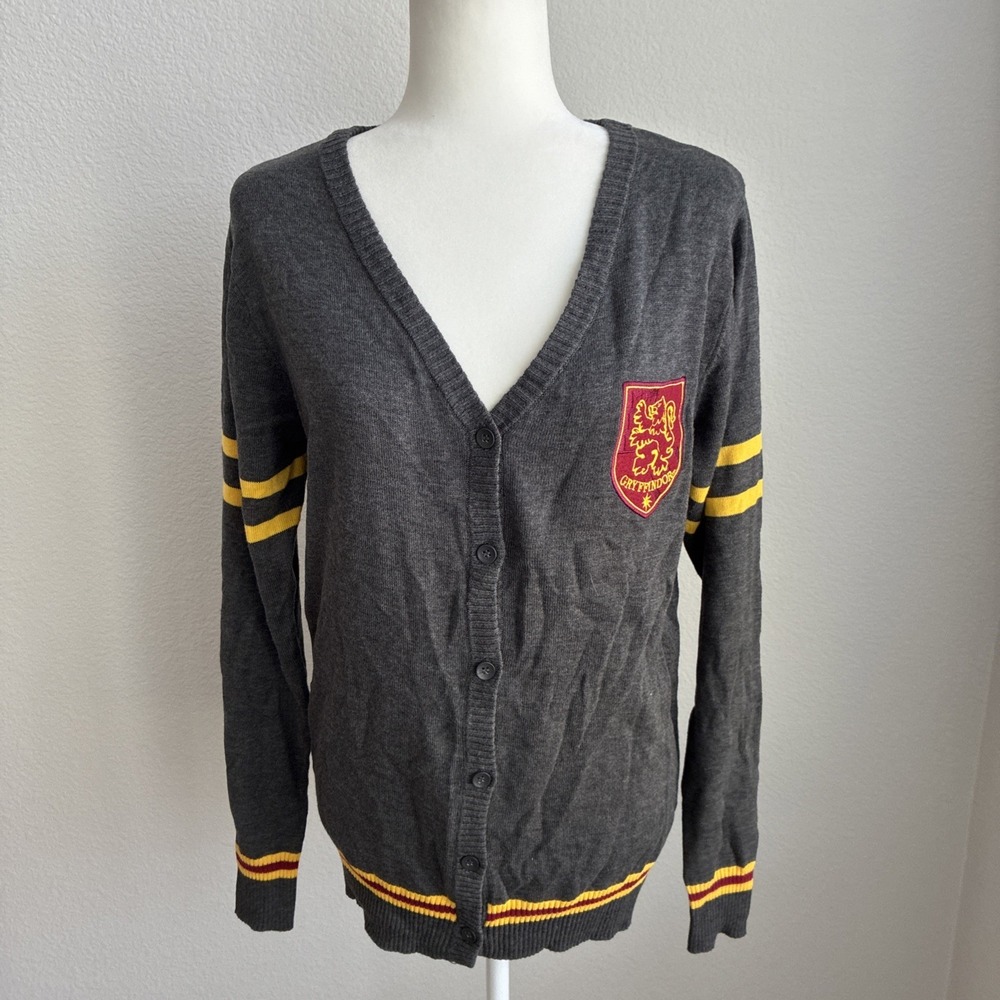 Harry Potter Gryffindor Gray V-Neck Cardigan Embroidered Large Huge Back Graphic